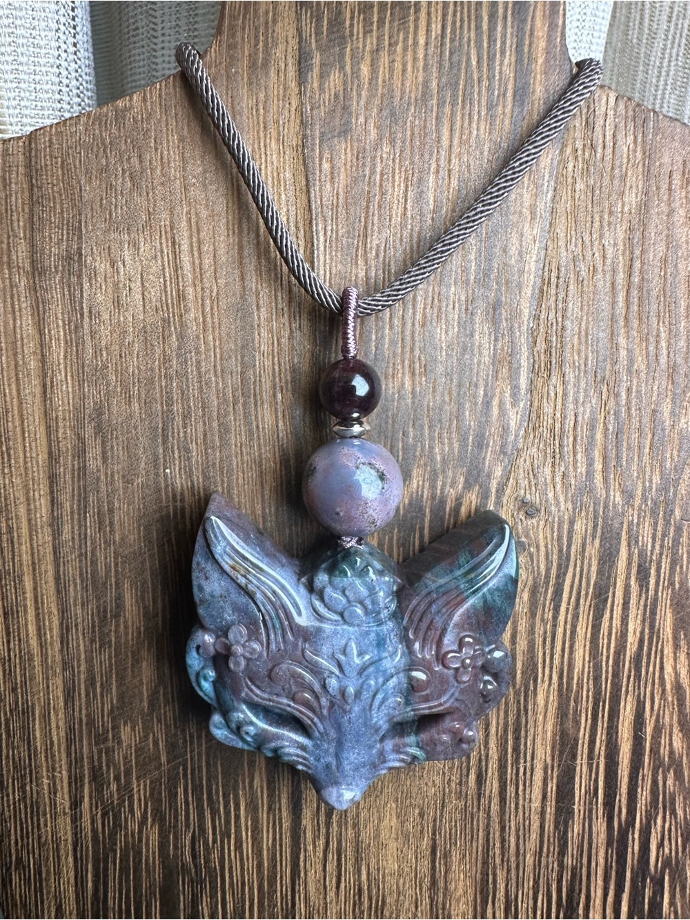 Blue & Purple Ocean Jasper Fox Mask Pendant Necklace on Brown Rope with Garnet - Picture 5 of 13